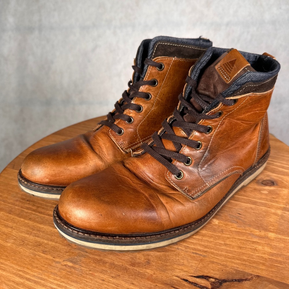Aldo Leather Boots Mens 10.5 Brown Good Lace Up Denim Trim Portugal